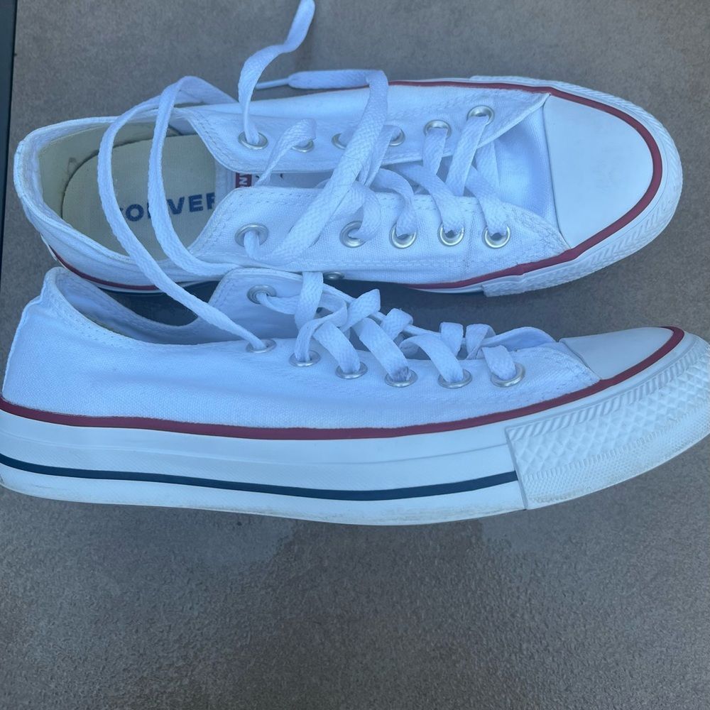 Converse All Star white laced canvas shoes, red/blue trim, ortholite cushion,7.5